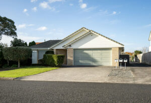 Exterior view of a single-story brick and siding home with a wide driveway and garage built for tropical climates.